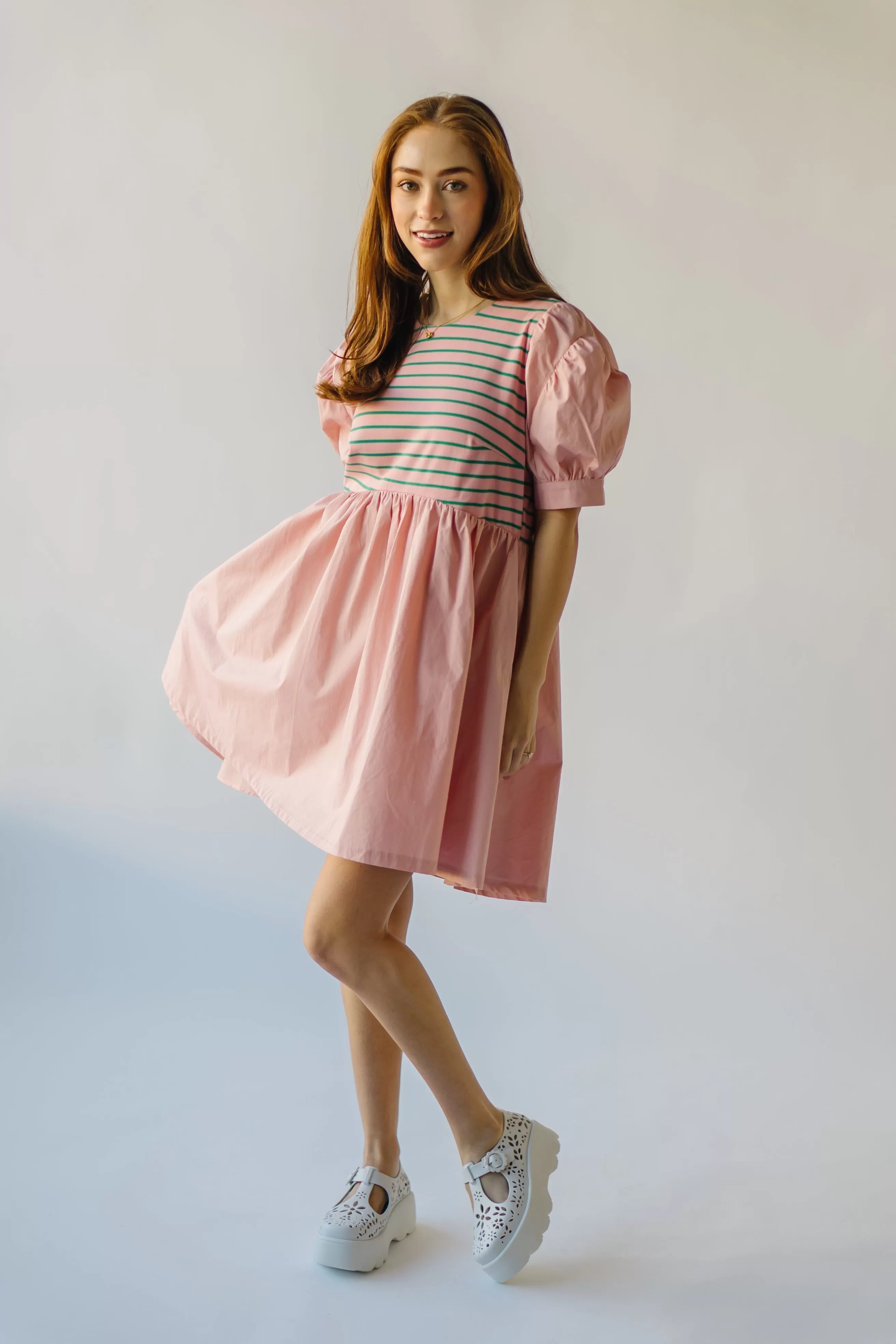 The Taylen Puff Sleeve Dress in Pink   Green Stripe