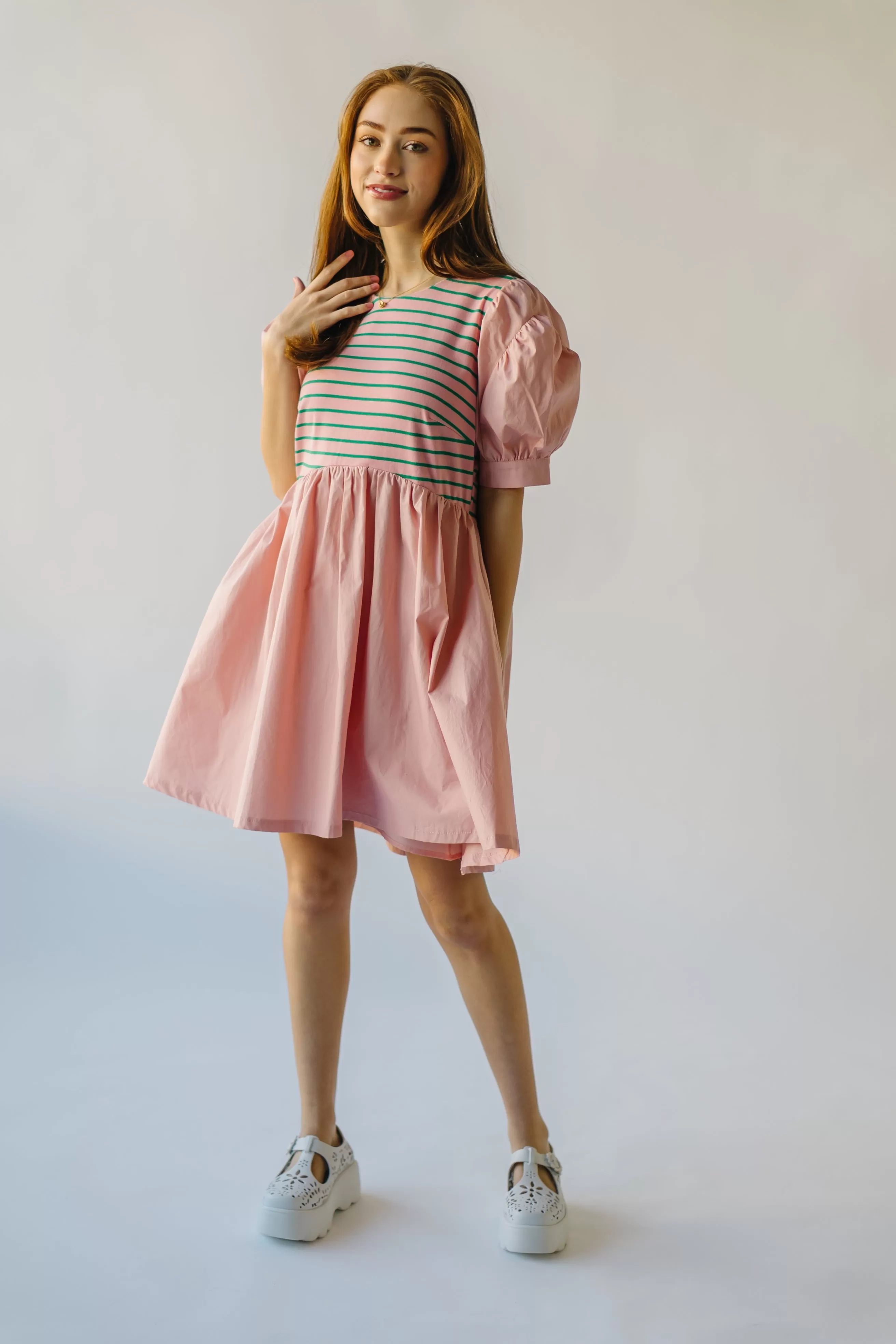 The Taylen Puff Sleeve Dress in Pink   Green Stripe