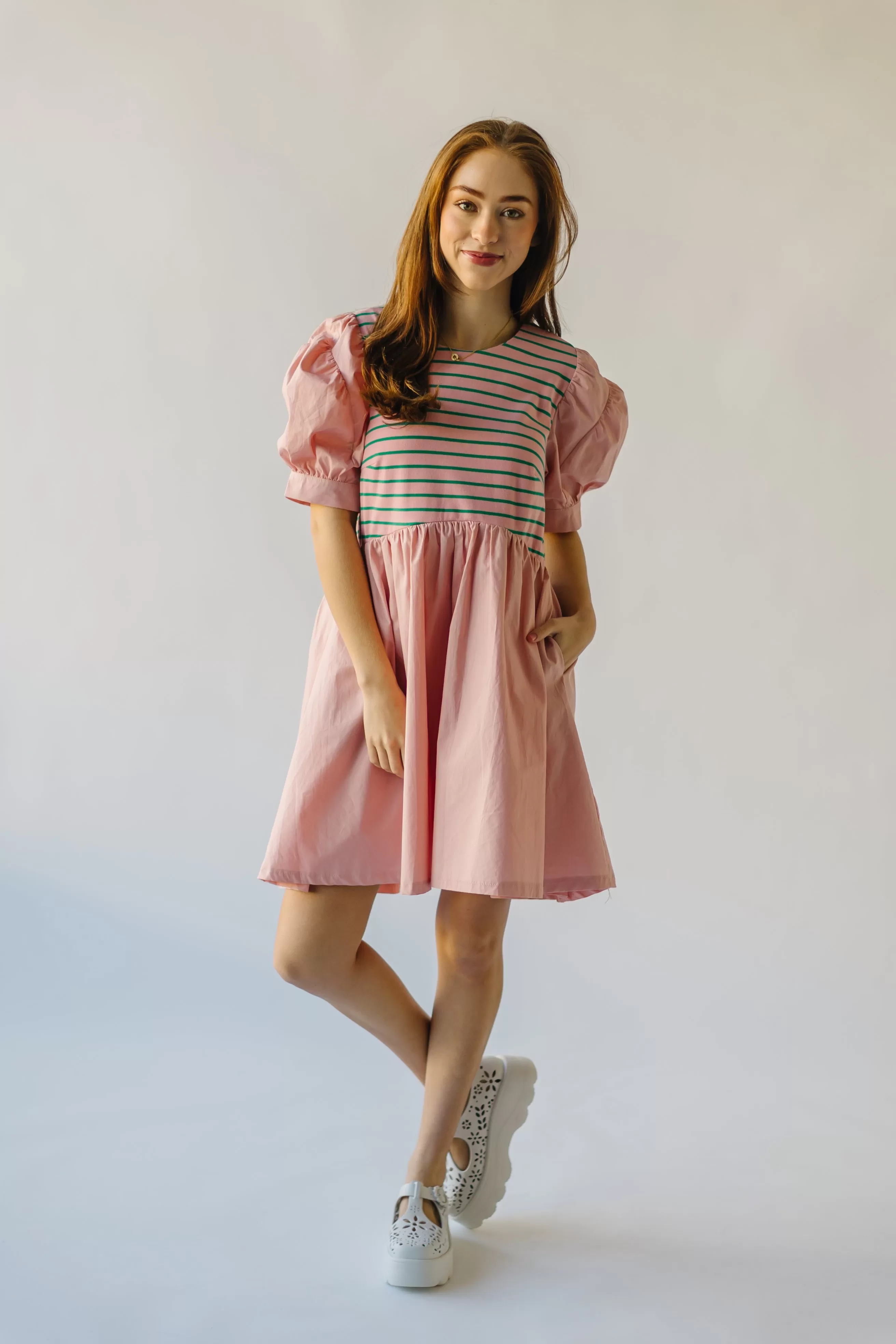 The Taylen Puff Sleeve Dress in Pink   Green Stripe