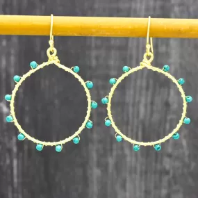 Turquoise Beaded Dangle Hoop Earrings Gold Plated