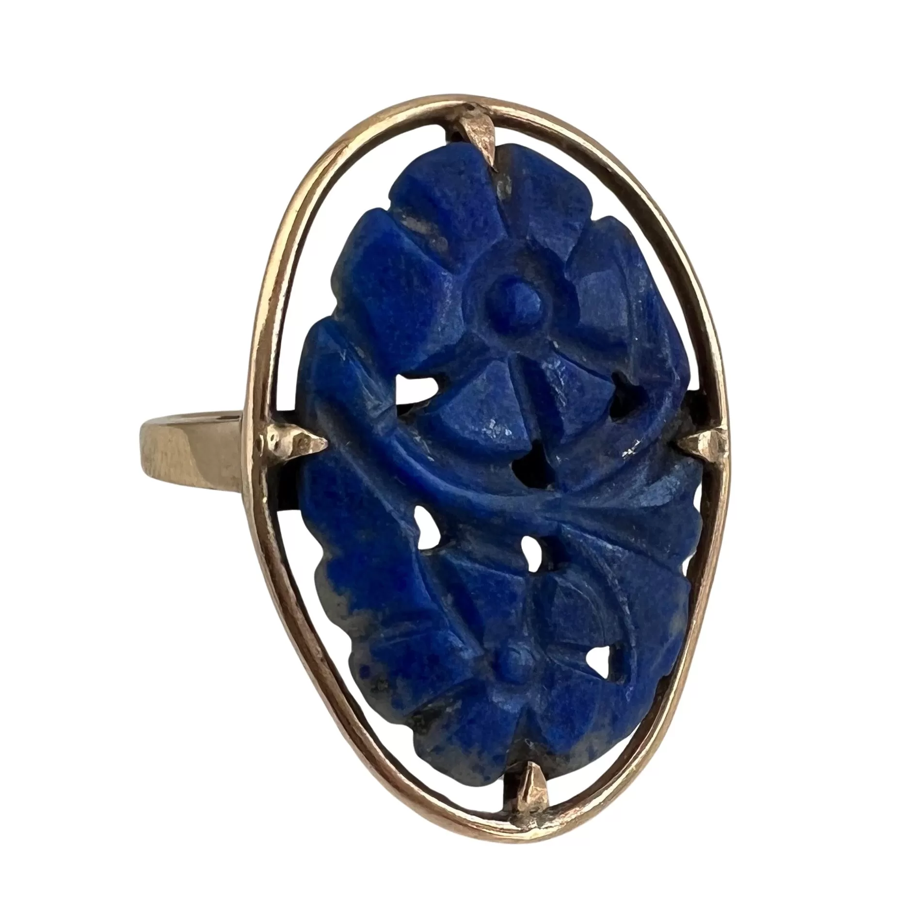 V I N T A G E // eternal blooms / solid 10k yellow gold Edwardian era carved blue stone floral conversion ring / size 7