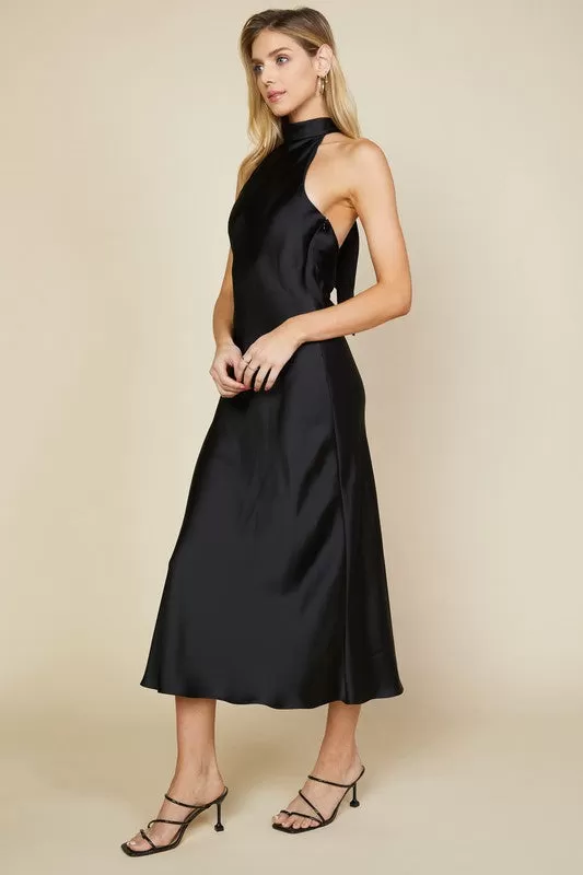 Vanessa Bow Halter Satin Bias Cut Slip Dress - Black