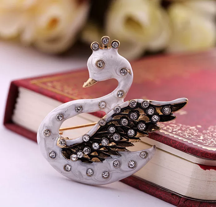 White Swan Crystal  Brooch