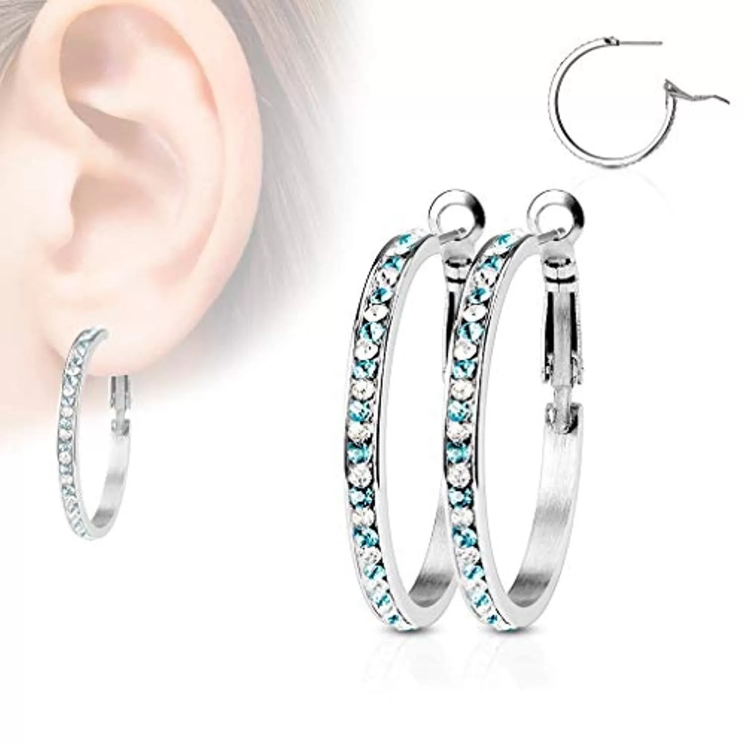 WildKlass Pair of Eternity Crystal Set Stainless Steel Hoop Earring