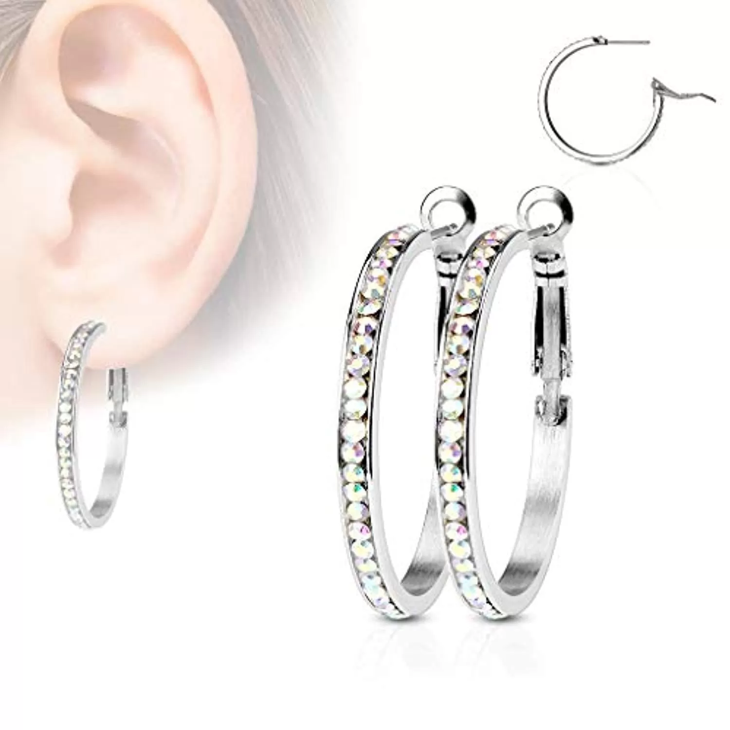 WildKlass Pair of Eternity Crystal Set Stainless Steel Hoop Earring