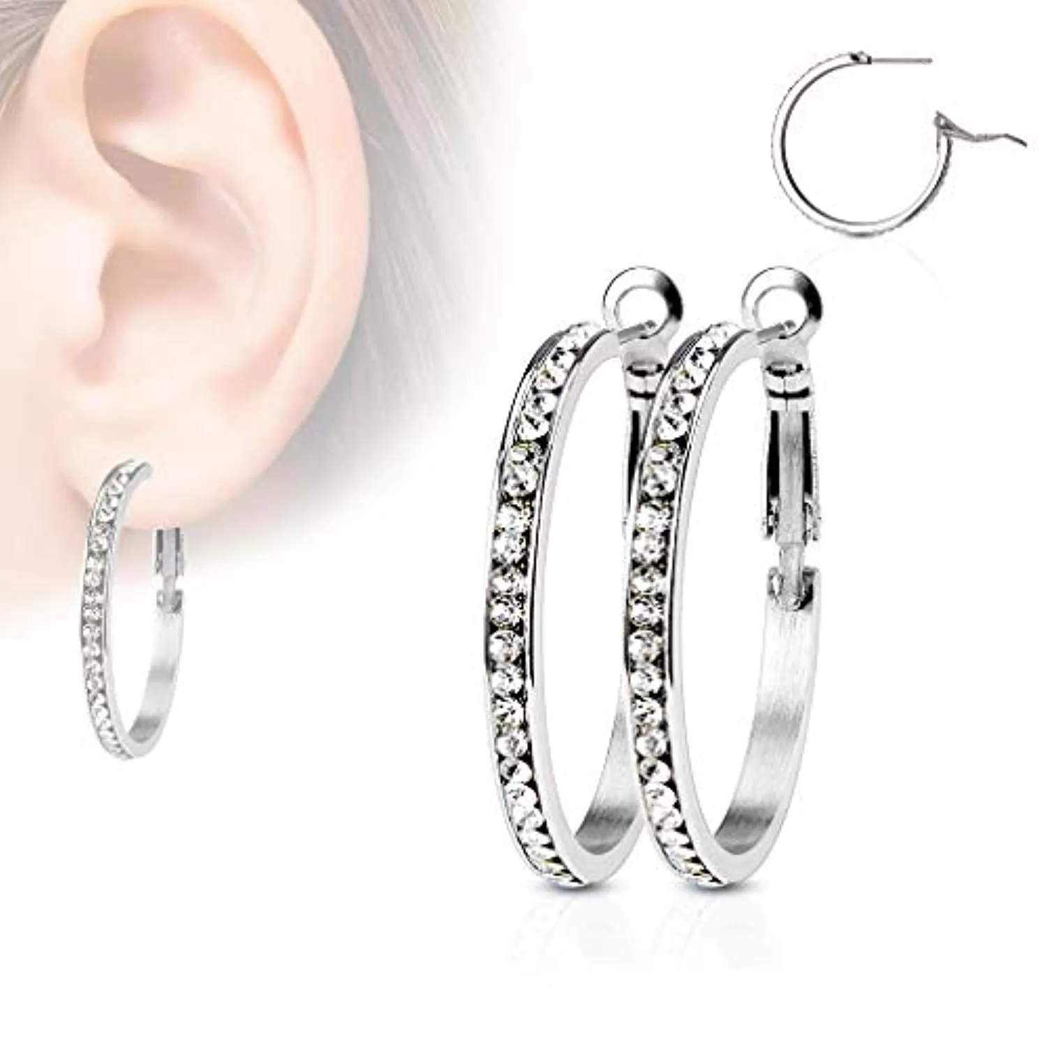 WildKlass Pair of Eternity Crystal Set Stainless Steel Hoop Earring