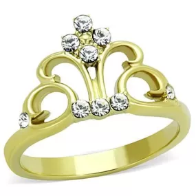 WildKlass Stainless Steel Ring IP Gold Women Top Grade Crystal Clear Crown