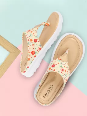 Women Beige Comfort Fashion Stylish Floral Print Design Strap Thong Flats Wedges Slipper