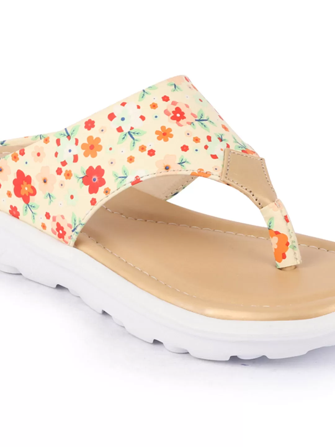 Women Beige Comfort Fashion Stylish Floral Print Design Strap Thong Flats Wedges Slipper