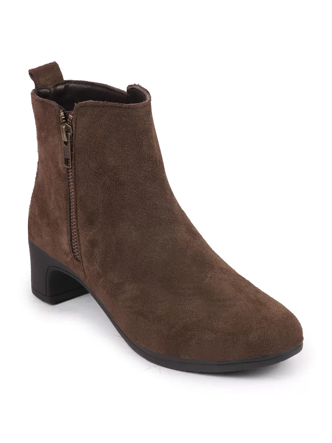 Women Brown Flared Heel Mid Top Suede Leather Zipper Closure Winter Chelsea Boots