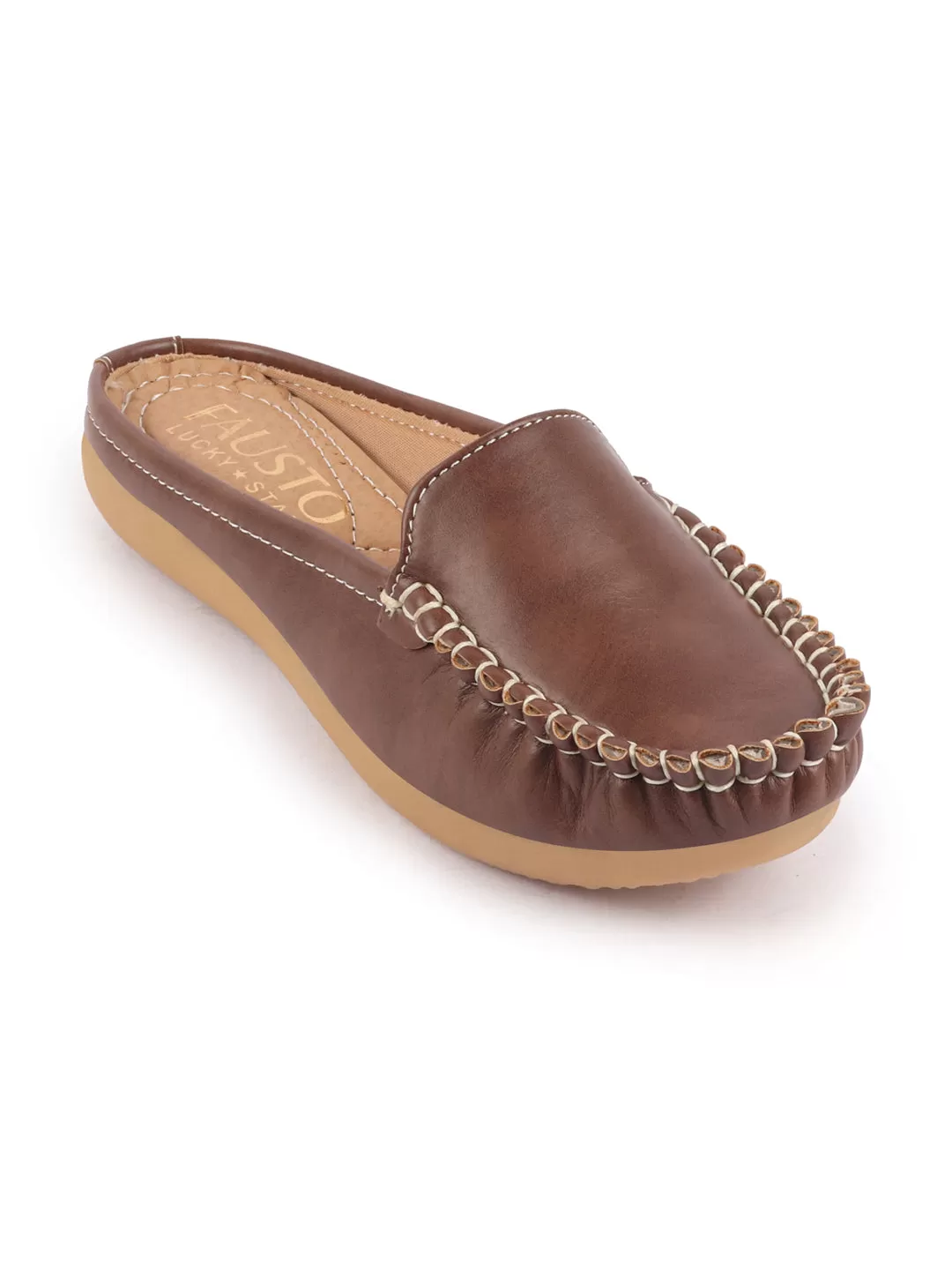 Women Brown Side Stitched Back Open Slip On Mules Shoes