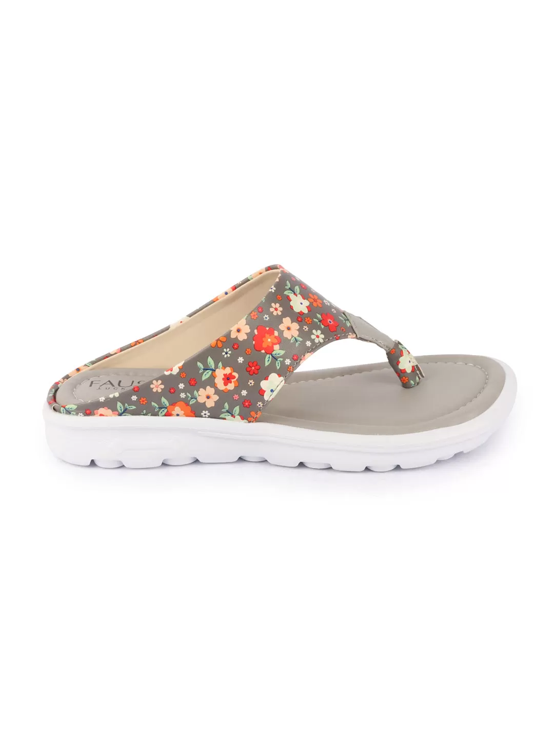 Women Grey Comfort Fashion Stylish Floral Print Design Strap Thong Flats Wedges Slipper