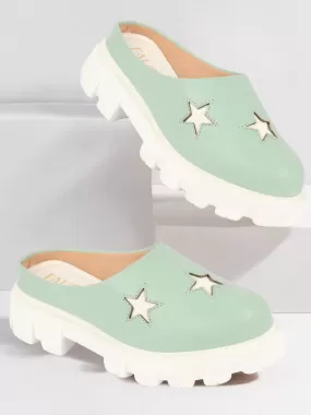 Women Pista Green Laser Cut Star Open Back Height Enhancer Slip On Casual Shoes