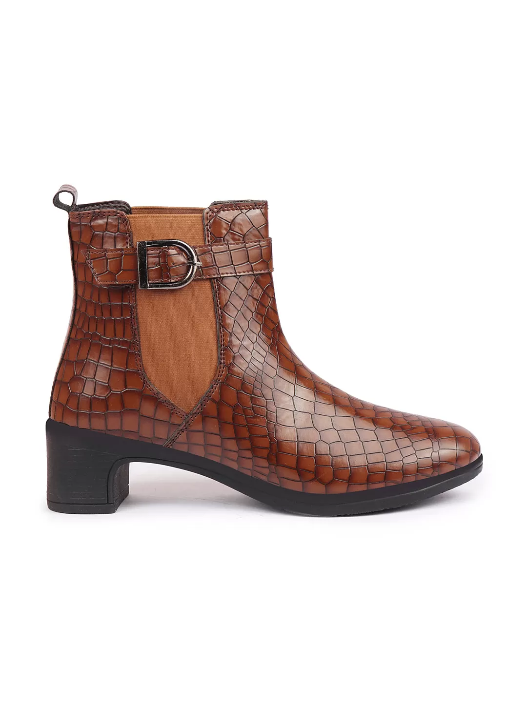 Women Tan Flared Heel High Ankle Leopard Print Embossed Design Winter Buckle Strap Chelsea Boots