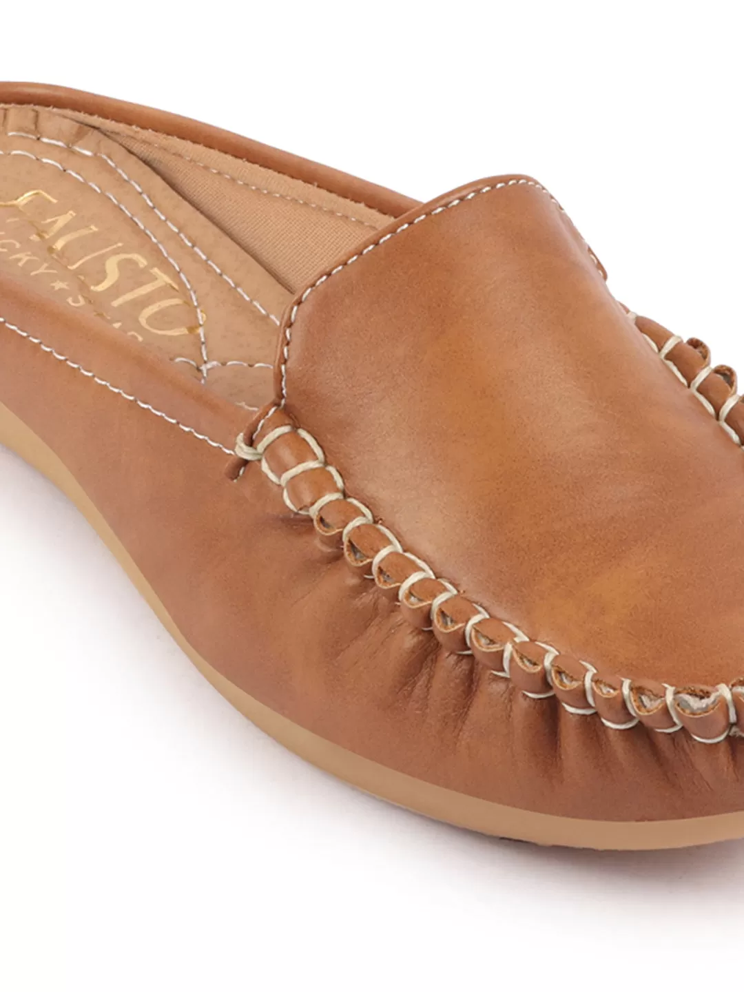 Women Tan Side Stitched Back Open Slip On Mules Shoes