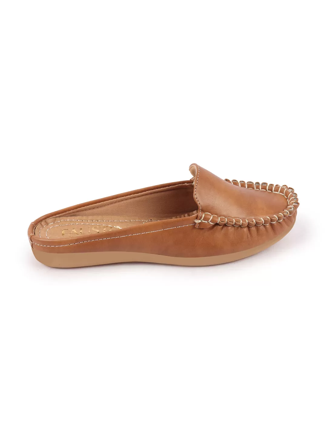 Women Tan Side Stitched Back Open Slip On Mules Shoes