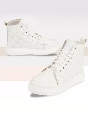 Women White High Ankle Top Wedge Heels Stitched Design Lace Up Sneakers Shoes