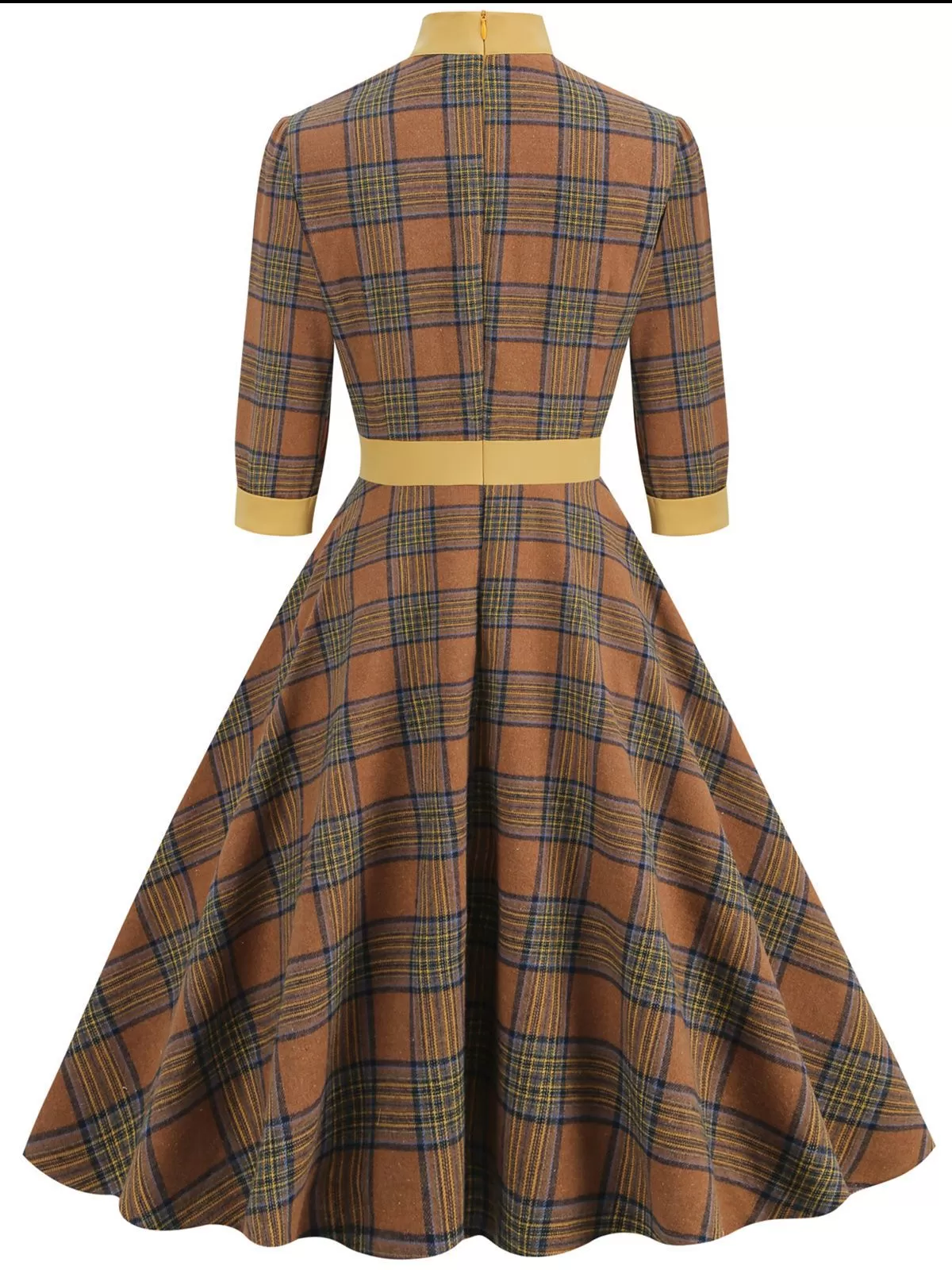 Yellow 1950s Plaid Bowknot Patchwork Dress